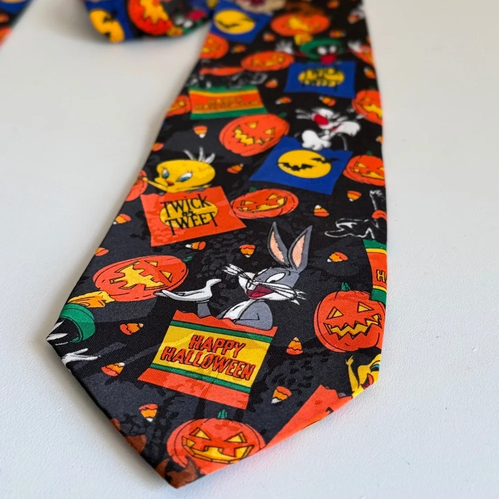 Vintage 1996 Looney Tunes Mania Halloween Necktie Bugs Bunny Taz Black 53